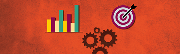 figurative image with graph, gears and target with arrow pointed in the center